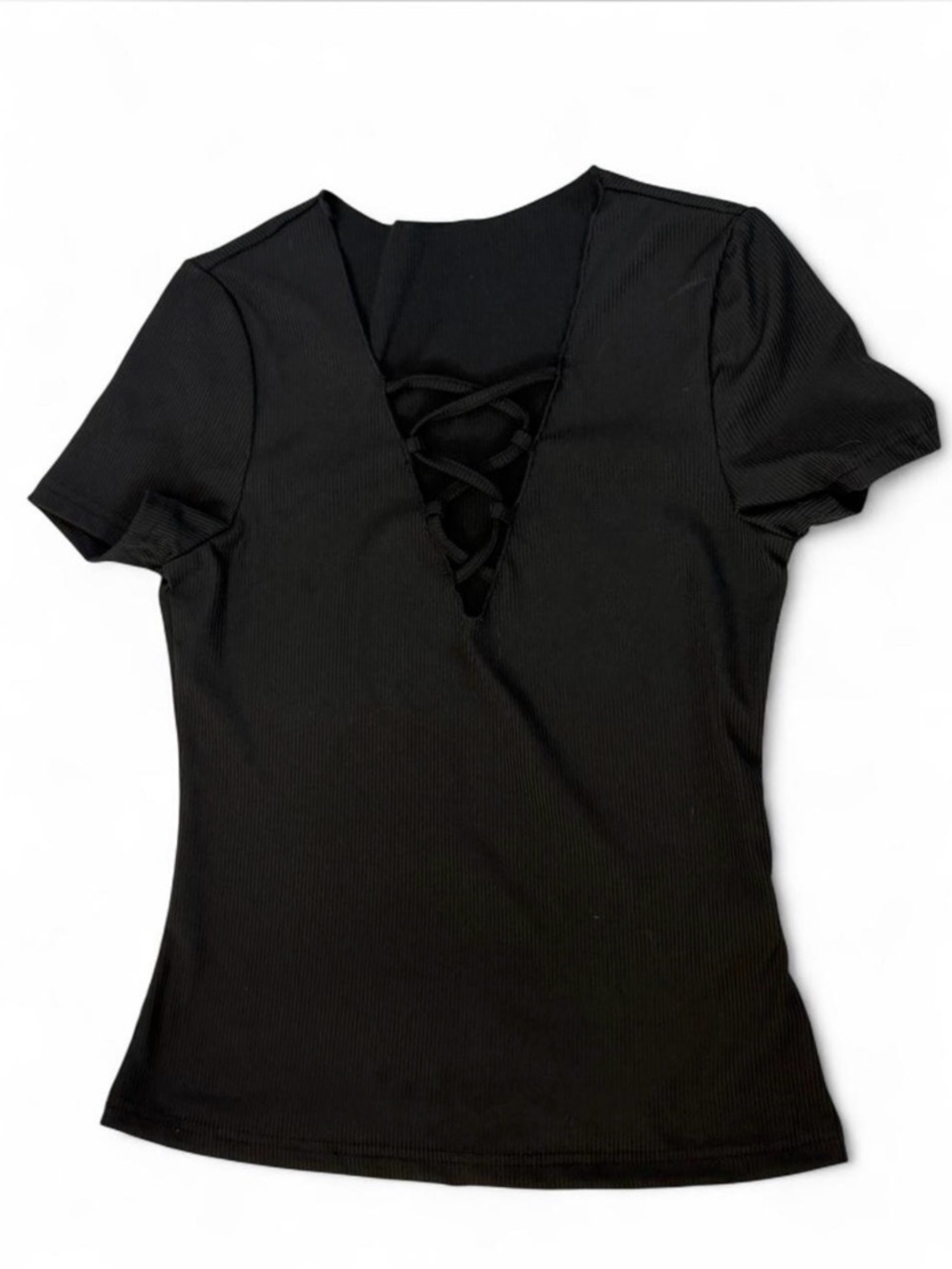 Black Lace-Up V-Neck Short Sleeve Top
